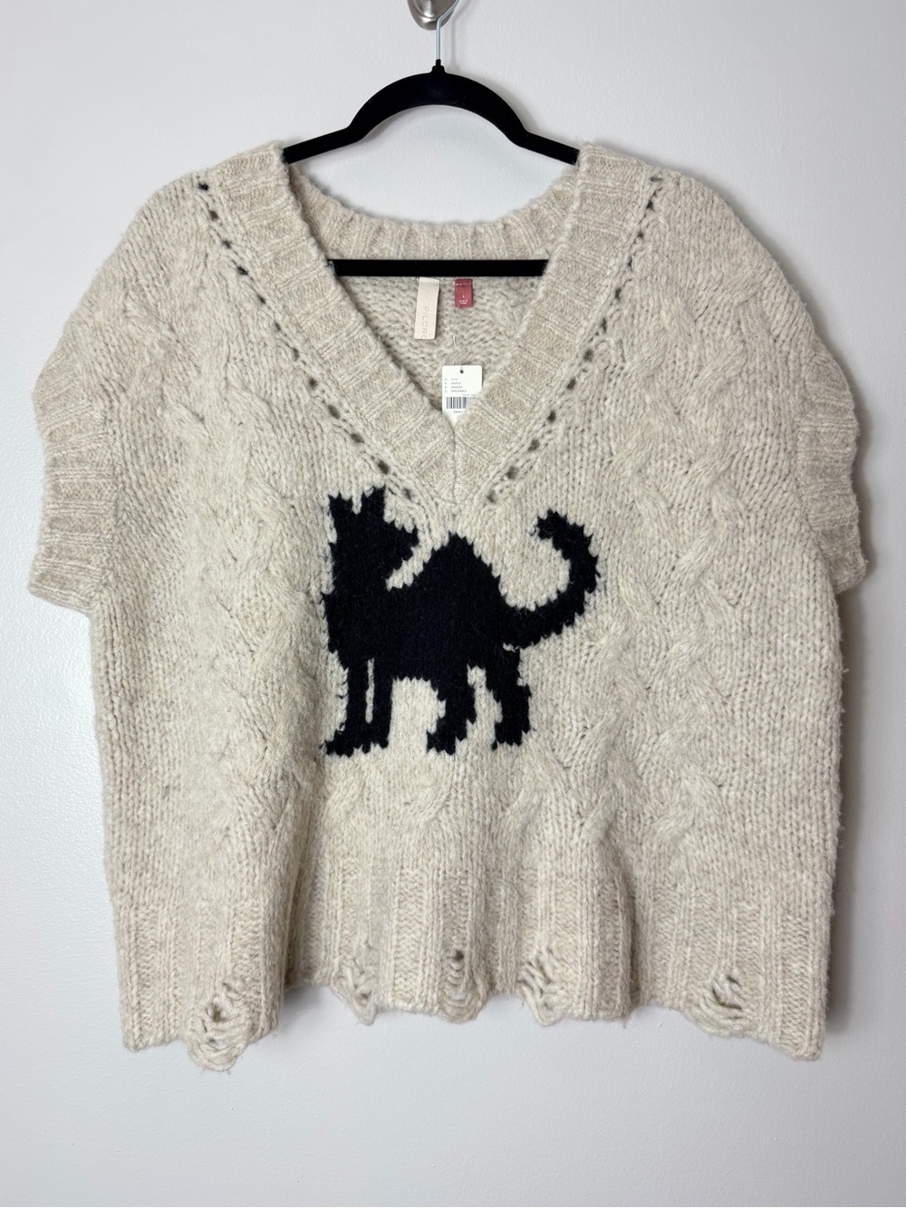 Anthropologie Sweater Vest Black Cat Cable Knit Chunky Wool Eclectic Grandpa - Picture 2 of 15